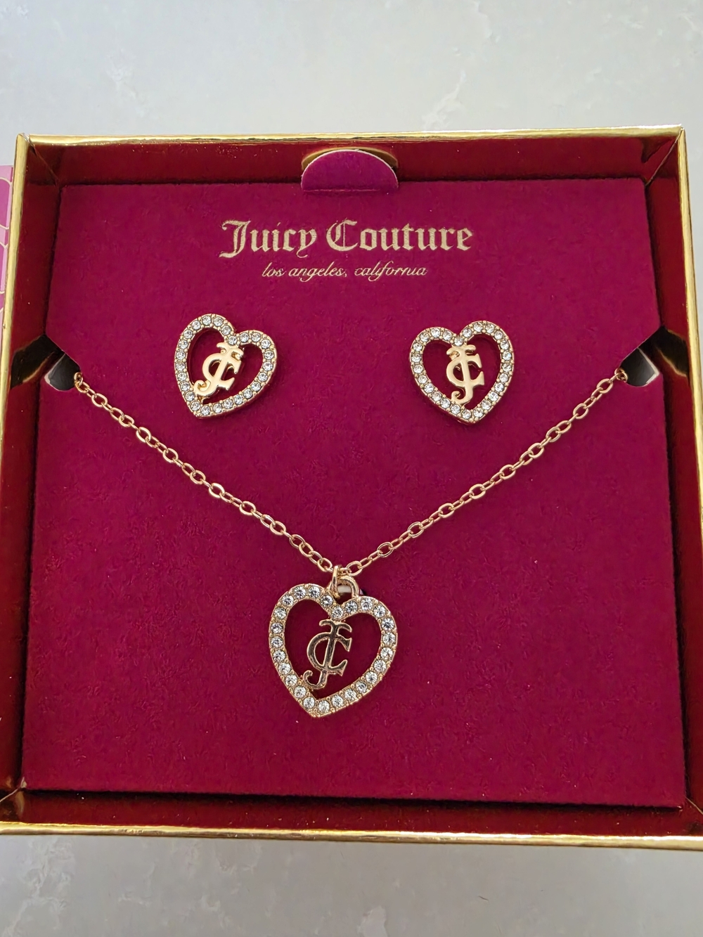 Juicy Couture Gold Heart Logo Necklace & Stud Earrings - Pink